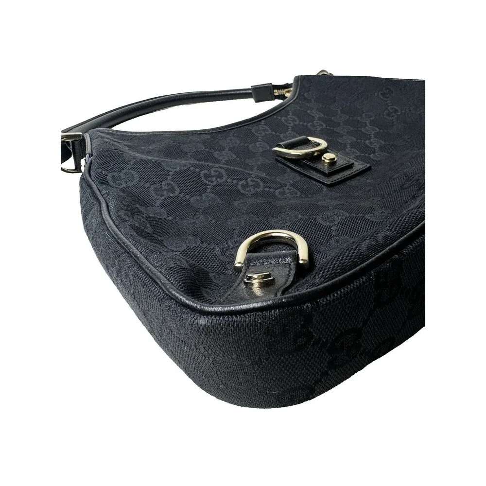 Gucci Vintage Abbey Hobo Bag Black GG Canvas Leather Trim D-Ring